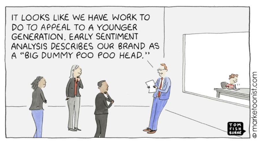 It looks like we have work to do to appeal to a younger generation, early sentiment analysis describes our brand as a 'big dummy poo poo head.'