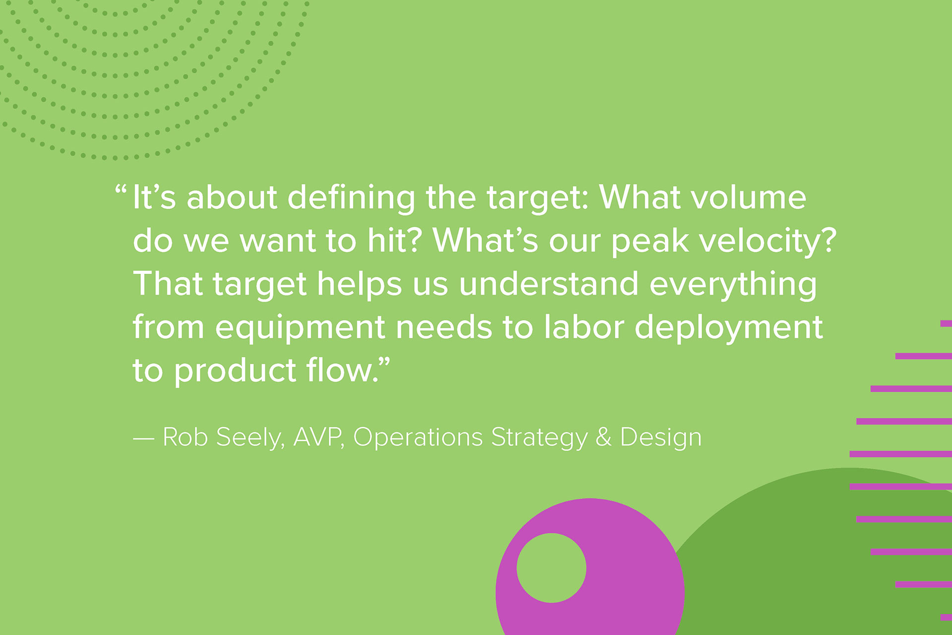 It's about defining the target: What volume do we want to hit? What's our peak velocity? That target helps us understand everything from equipment needs to labor deployment to product flow. - Rob Seely
