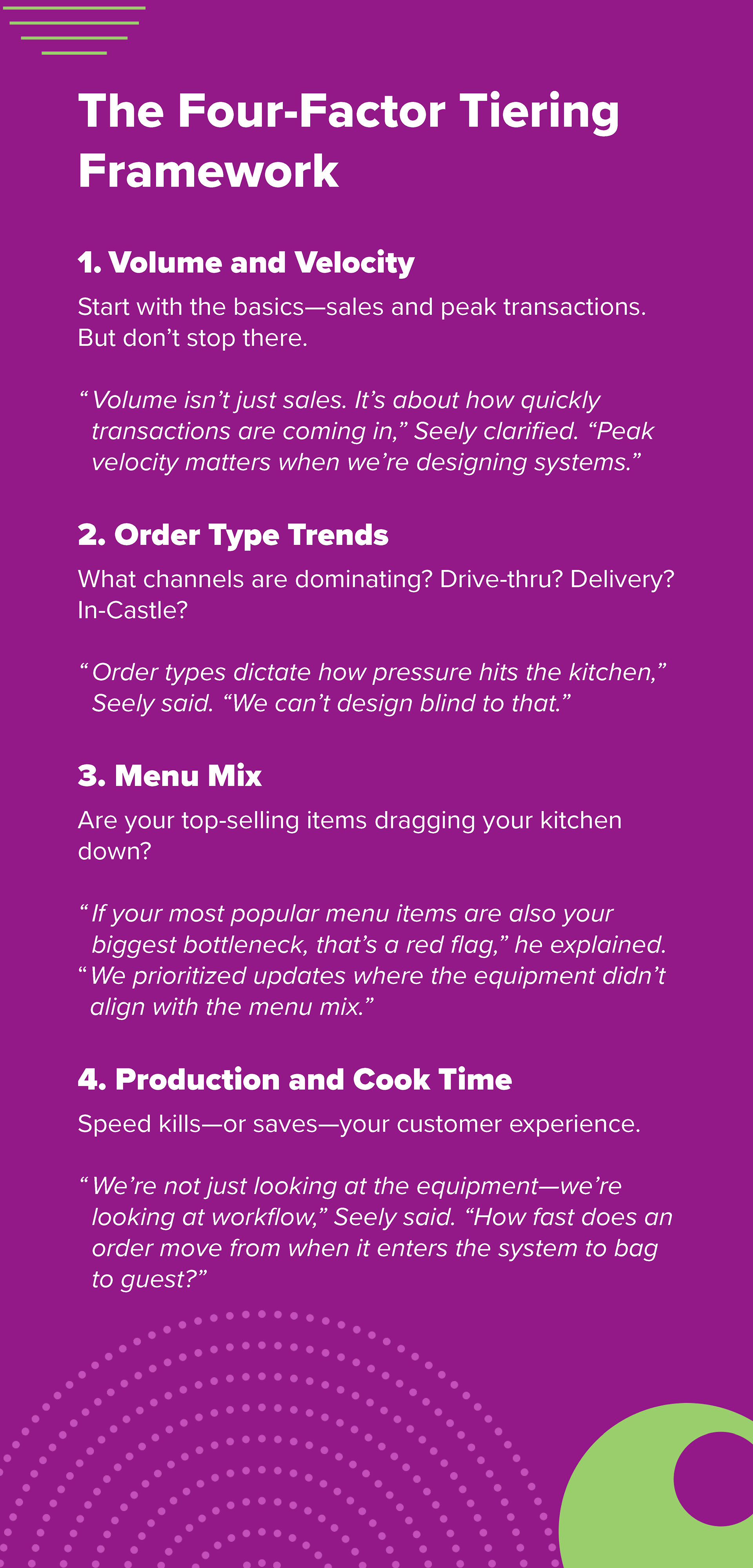 1. Volume and Velocity
Start with the basics—sales and peak transactions. But don't stop there.  
Volume isn't just sales. It's about how quickly transactions are coming in, peak velocity matters when we're designing systems.
2. Order Type Trends
What channels are dominating? Drive-thru? Delivery? In-Castle?  
Order types dictate how pressure hits the kitchen, We can't design blind to that. 
3. Menu Mix
Are your top-selling items dragging your kitchen down?  
If your most popular menu items are also your biggest bottleneck, that's a red flag," he explained. "We prioritized updates where the equipment didn't align with the menu mix.
4. Production and Cook Time
Speed kills—or saves—your customer experience.  
We're not just looking at the equipment—we're looking at workflow," Seely said. "How fast does an order move from when it enters the system to bag to guest?
