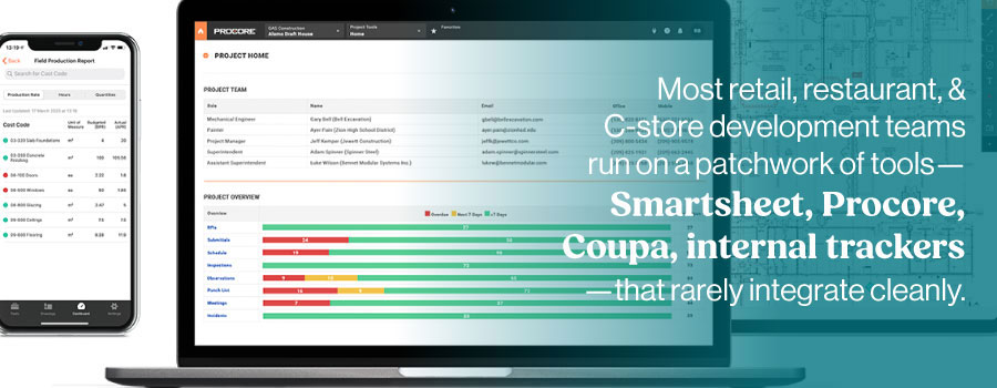 Most retail, restaurant, and C-store development teams run on a patchwork of tools—Smartsheet, Procore, Coupa, internal trackers—that rarely integrate cleanly.